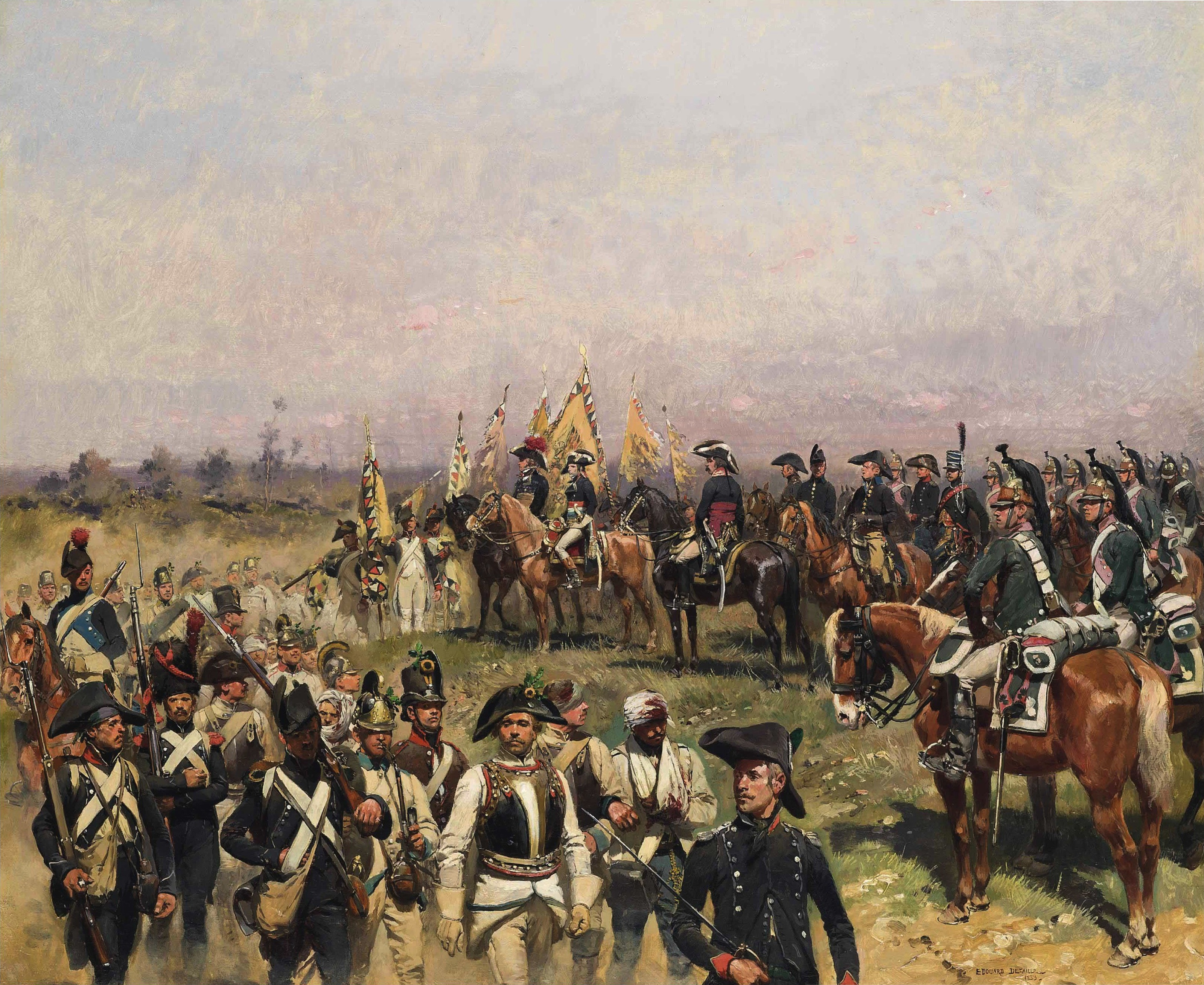 Painting shows men in dark blue uniforms escorting disarmed me in mostly white uniforms. The scene is being reviewed my mounted officers in dark blue uniforms.