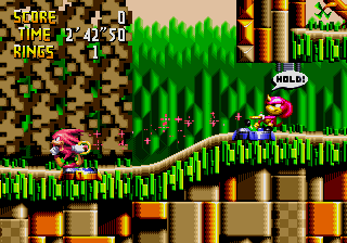 Gameplay screenshot of Knuckles and Espio in Isolated Island, the first level of Knuckles' Chaotix. This particular screen shows the game's cooperative 