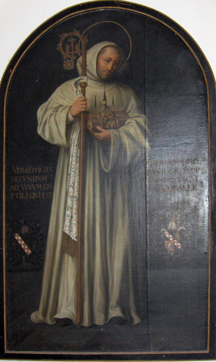 Saint Bernard, depicted with Cistercian habit, abbot's staff, and a chained demon at his feet, symbolizing his spiritual struggles and triumph over evil.