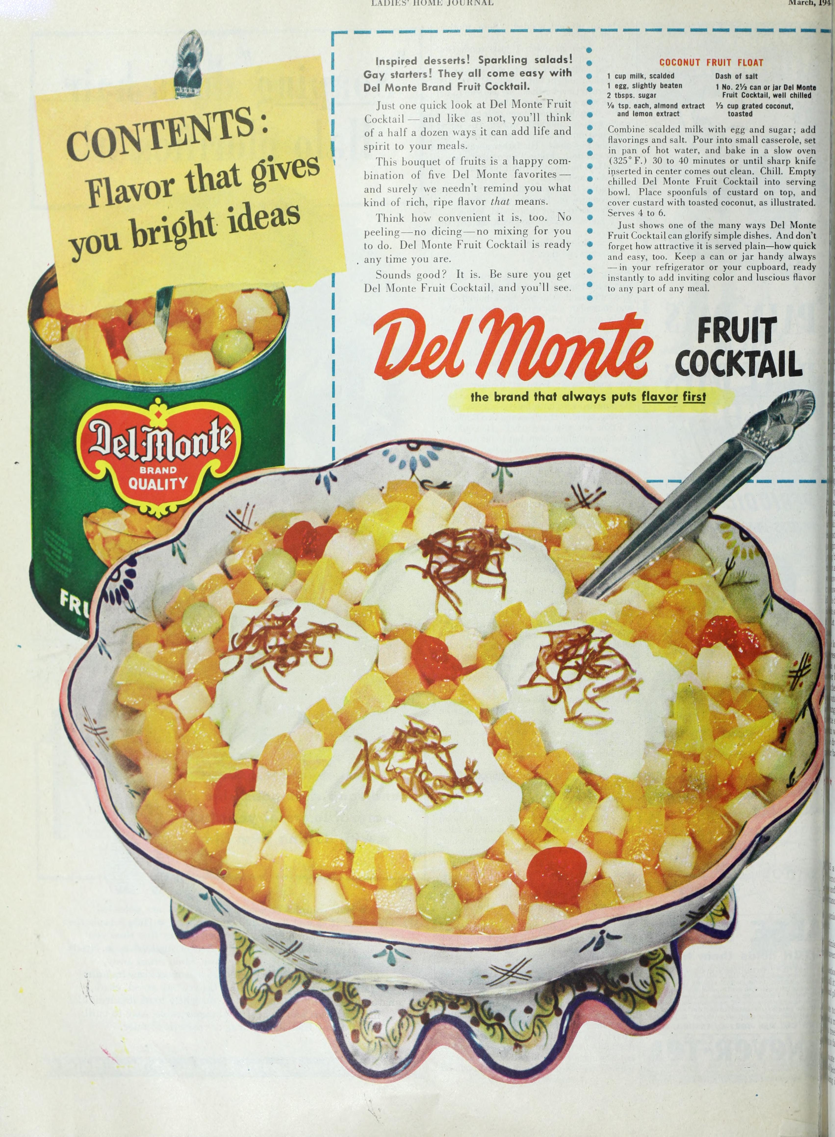 The advertisement shows the can, a recipe, and a large bowl of diced, canned fruit with white custard and homemade toasted coconut on top