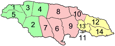 Các giáo xứ của Jamaica. Chú thích theo chiều kim đồng hồ từ tây bắc và sau đó vào trong: 1. Hanover, 2. Saint James, 3. Trelawny, 4. Saint Ann, 5. Saint Mary, 6. Portland, 7. Saint Thomas, 8. Saint Andrew, 9. Kingston, 10. Saint Catherine, 11. Clarendon, 12. Manchester, 13. Saint Elizabeth, 14. Westmoreland.