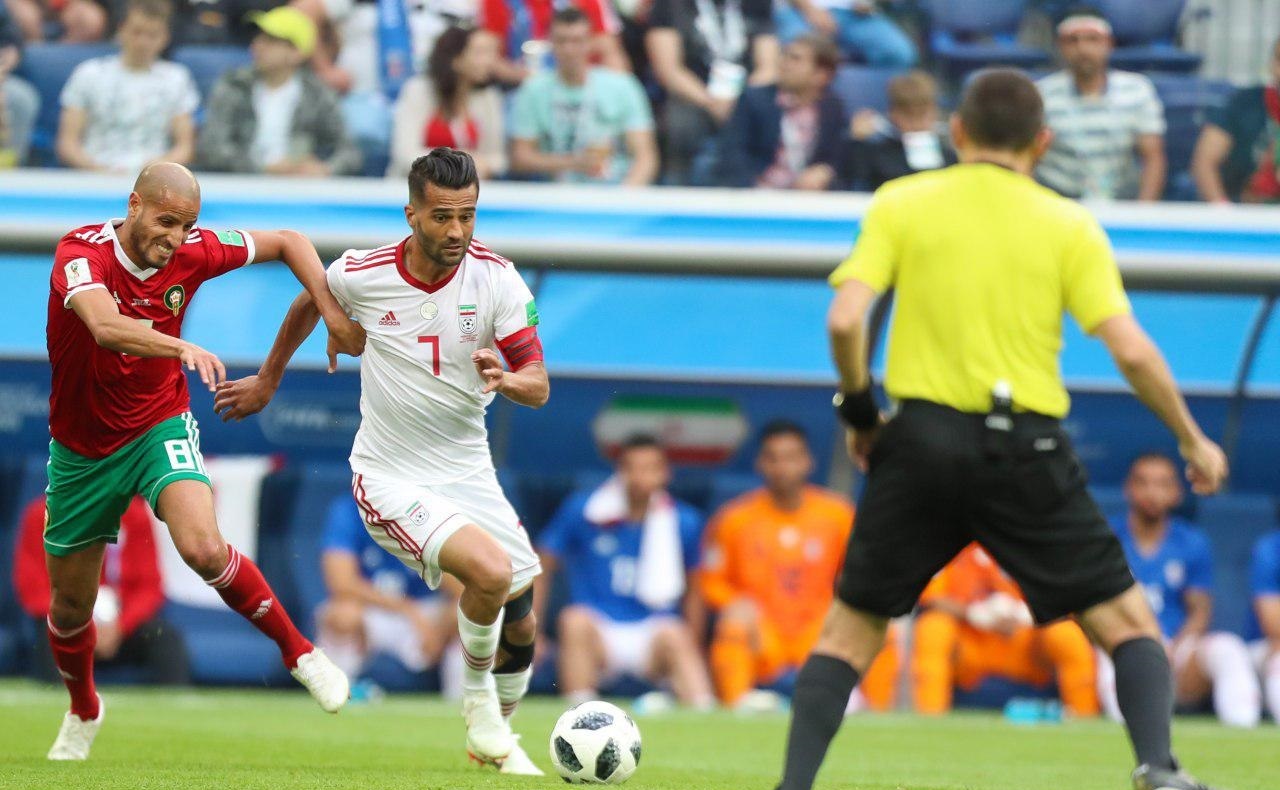 Shojaei captaining Iran against Morocco in the 2018 FIFA World Cup