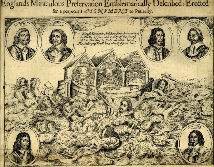 Inscription depicting two houses of Parliament and the Westminster Assembly on an ark. Various figures are drowning in the flood. Portraits of other figures surround the scene. 