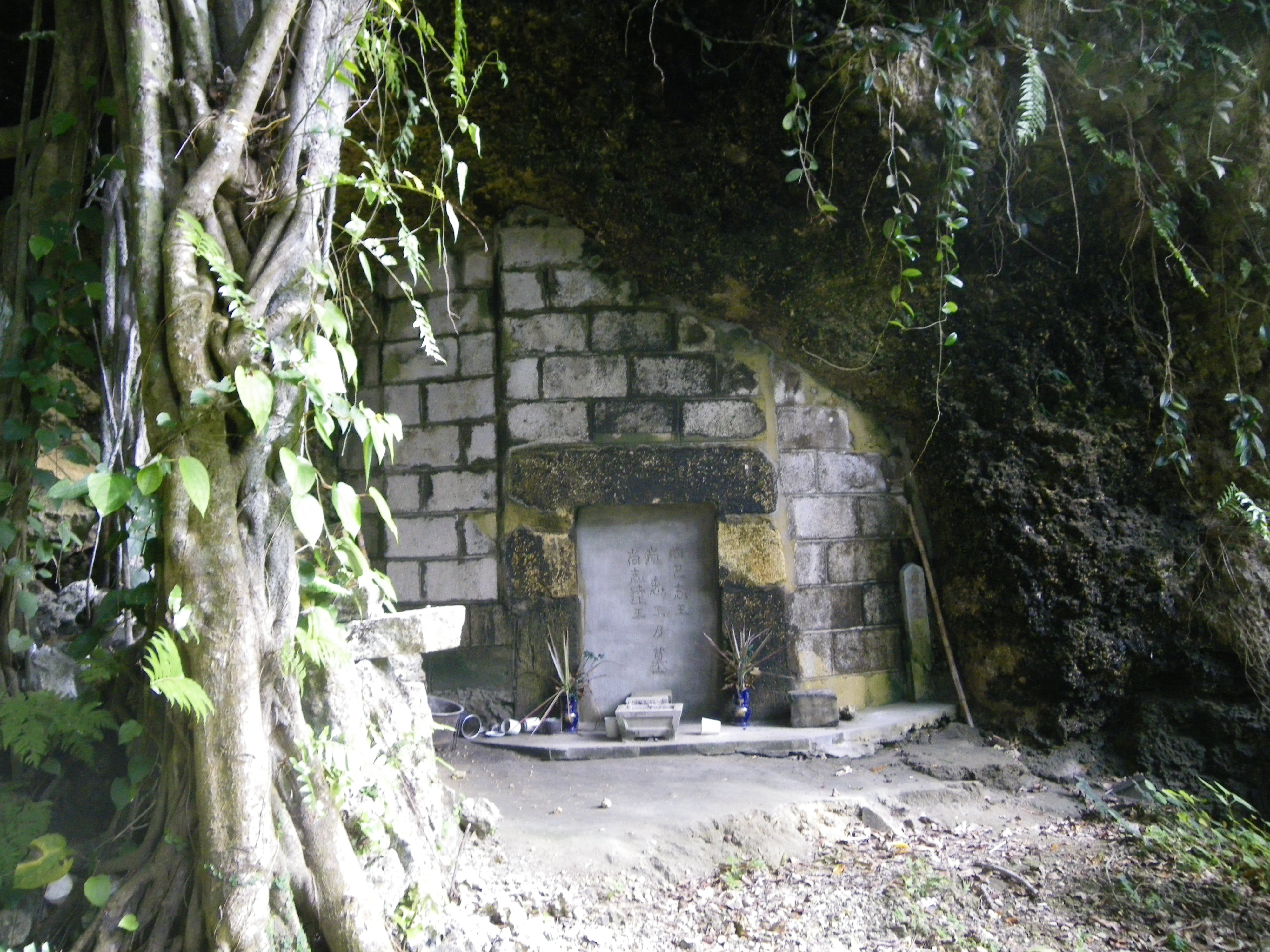 A stone brick wall and small entrance sealed by a stone inscription in a lush, overgrown environment