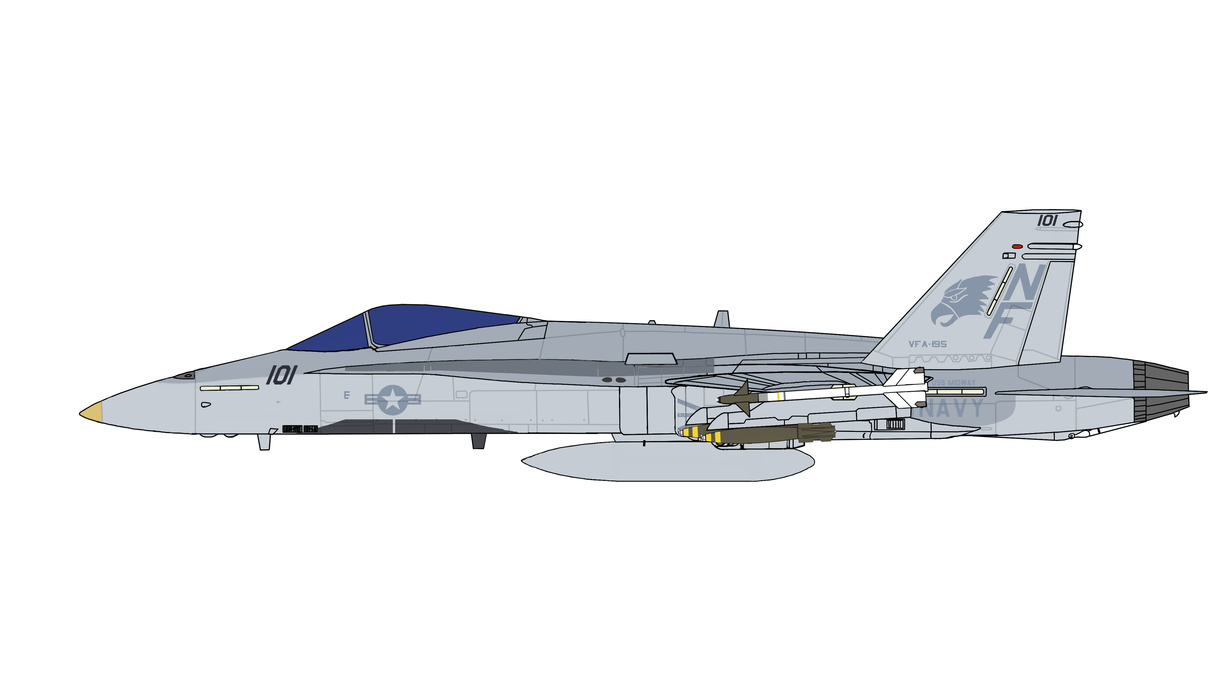 NF101, an F/A-18A Hornet assigned to VFA-195 Dambusters aboard the USS Midway, CV-41 in the 1991 Gulf War.