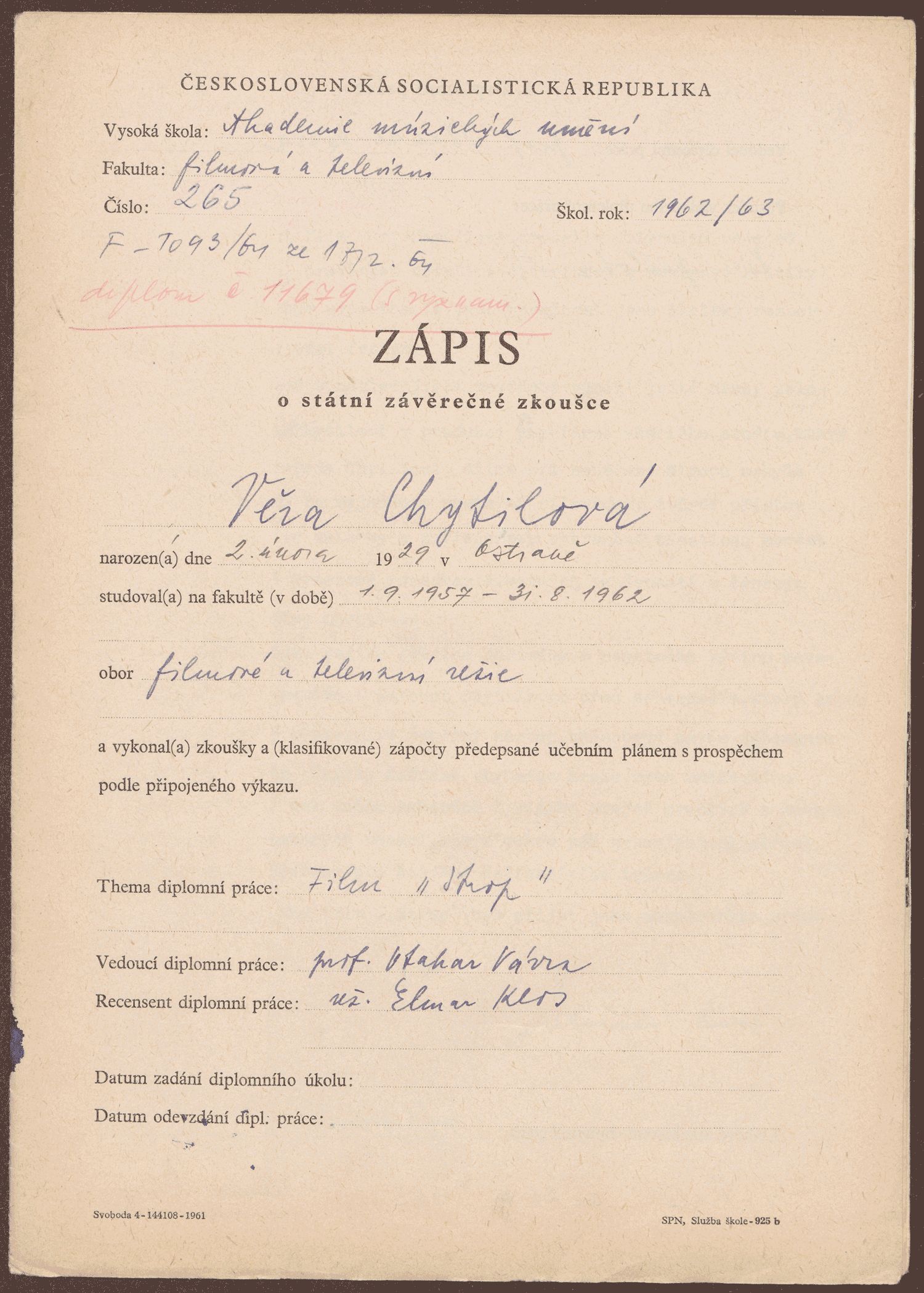 ヴェラ・ヒティロヴァの最終国家試験報告書と卒業論文報告書(1963年)