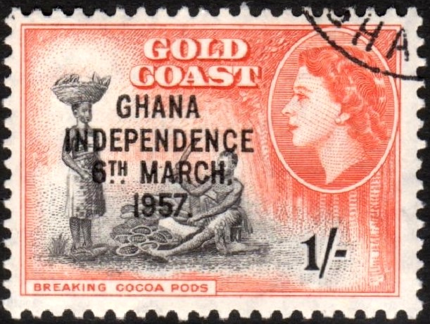 Sebuah prangko Pesisir Emas yang dicetak ulang untuk kemerdekaan Ghana pada tahun 1957