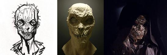 살인마가 가면을 쓰고 있는 세 개의 이미지가 있습니다: 그림(왼쪽), 몰드(중간), 최종 영화 디자인(오른쪽). 가면은 얼굴 전체를 덮고 입 부분에 거대한 이빨이 있습니다. 최종 영화에서 살인마는 검은색 후드티도 입습니다.