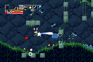 A man fires a powerful gun at several blue marshmallow-shaped enemies.