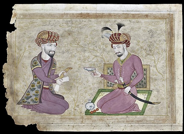 두 명의 남자가 앉아 있는 그림.