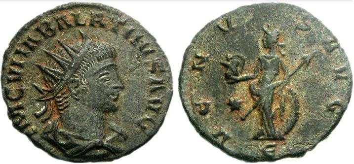 Vaballathus coin. 머리에 관을 쓴 남자의 머리가 새겨진 동전 앞면. 뒷면에는 여신이 묘사되어 있으며, 양쪽에 비문이 있다