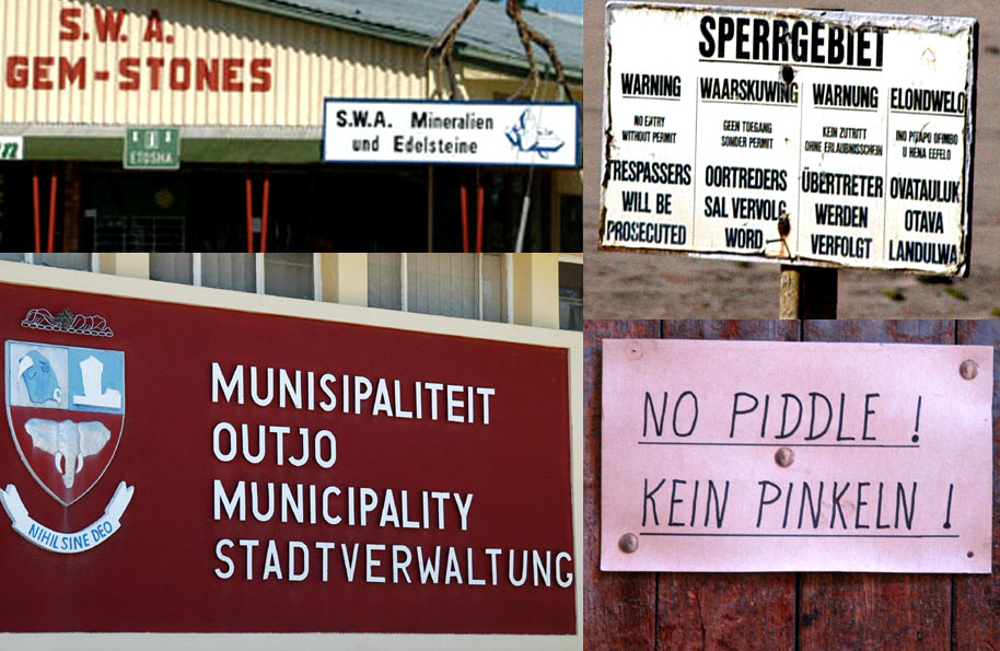 A multilingual sign in Namibia, reflecting the country's linguistic diversity alongside the official use of English.