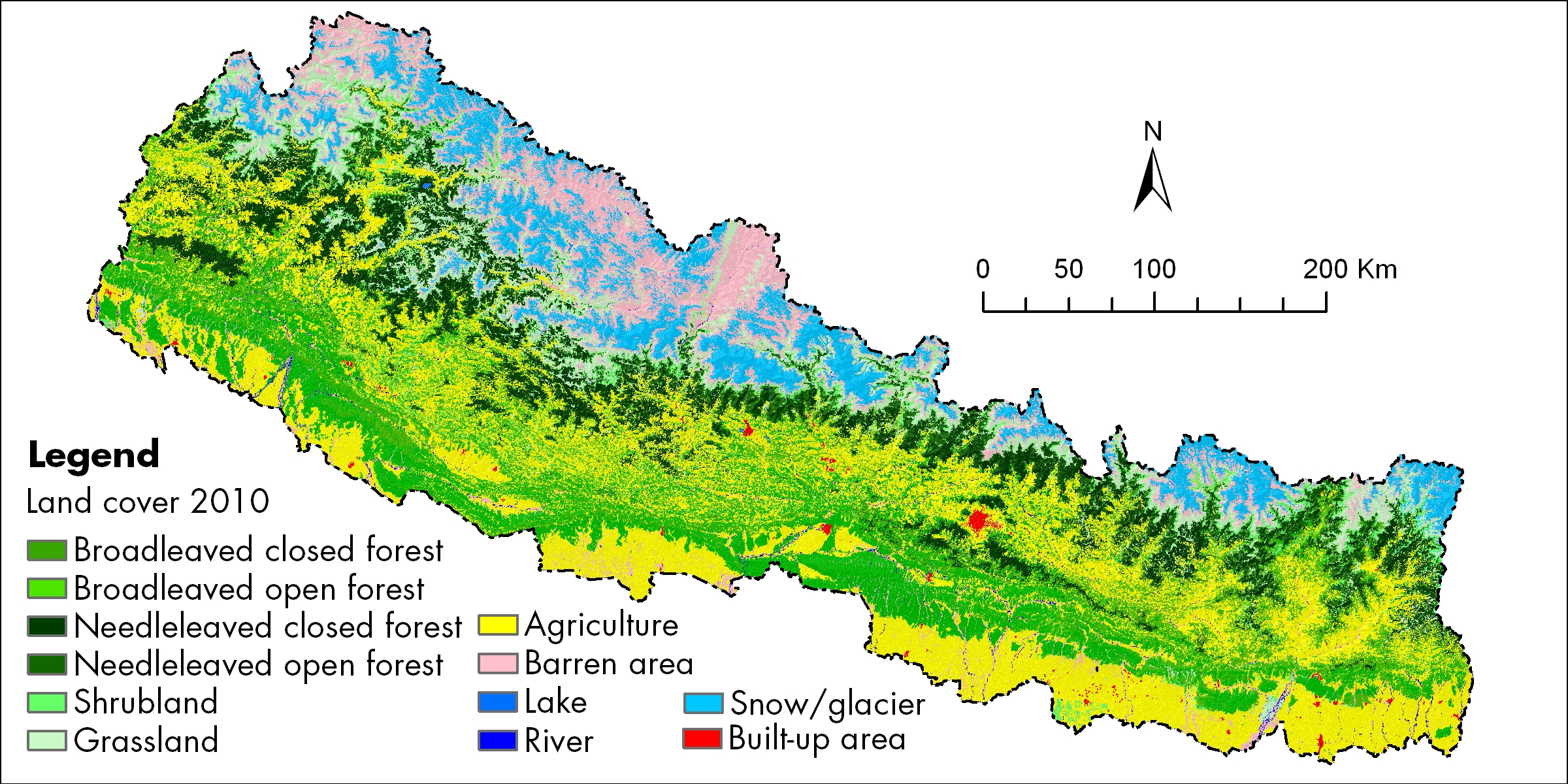 แผนที่การปกคลุมดินของเนปาลโดยใช้ข้อมูล Landsat 30 เมตร (2010) แสดงให้เห็นว่าป่าไม้เป็นประเภทการปกคลุมดินที่โดดเด่นในเนปาล