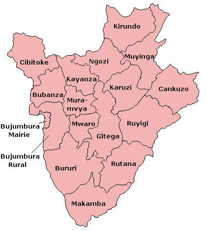 Bản đồ các tỉnh của Burundi (trước năm 2015), khi còn 17 tỉnh.