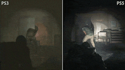 플레이어 캐릭터 조엘이 감염된 자에게 은밀하게 접근하여 질식사시키는 애니메이션 GIF. GIF는 게임의 두 버전을 비교한 것으로, 오른쪽은 더 가시적인 조명 효과와 업데이트된 캐릭터 모델을 보여준다.