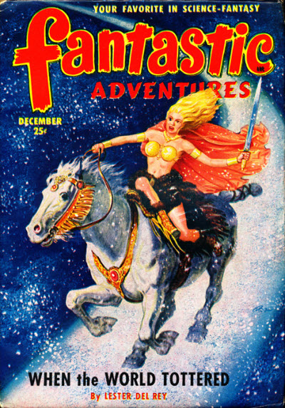 델 레이의 중편소설 '세상이 흔들릴 때'가 실린 1950년 12월호 판타스틱 어드벤처스 표지. 로버트 깁슨 존스 삽화.