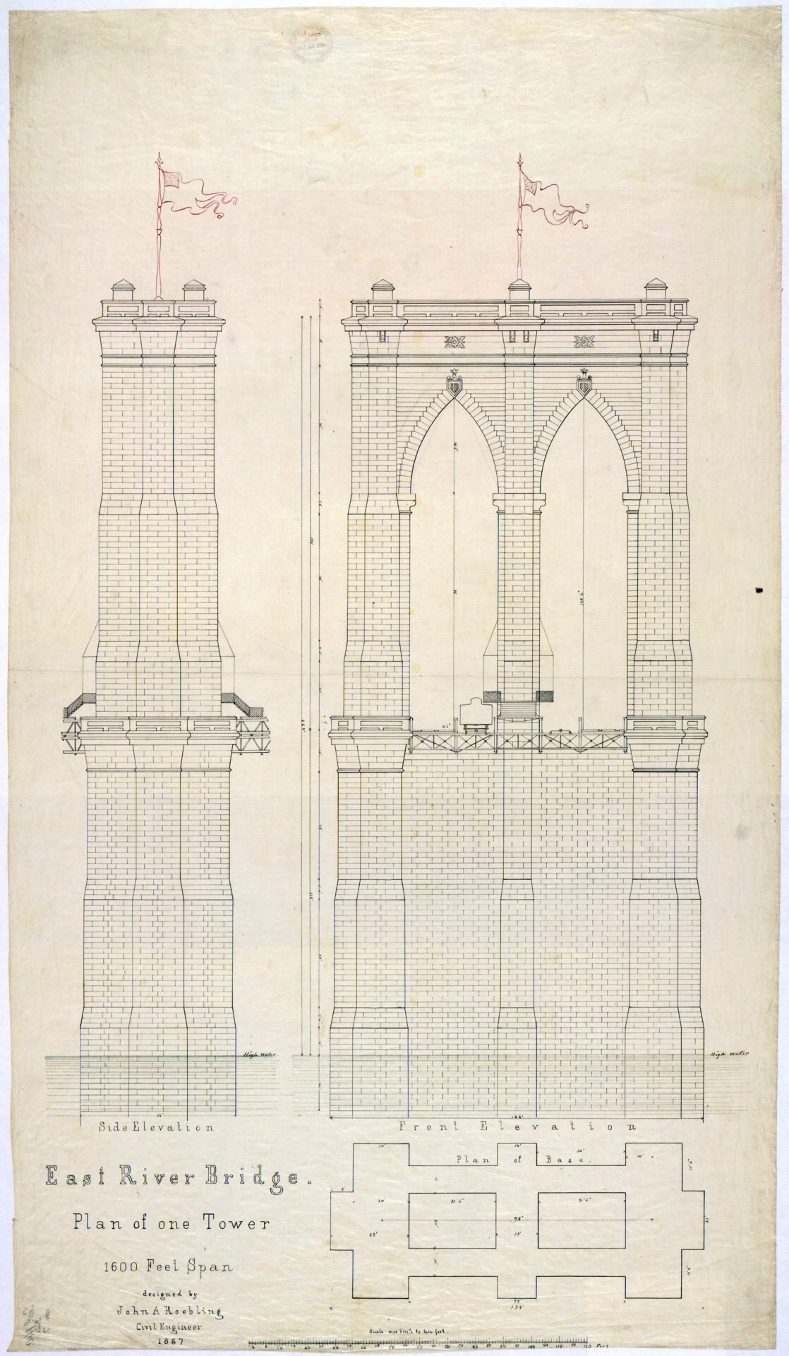 Early plan of one tower for the Brooklyn Bridge, drawn in 1867