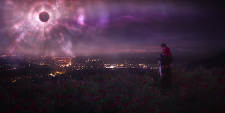 밤에 보라색 행성이 도시 위로 빛을 내고 있다. 듀아 리파와 안와르 하디드는 도시 위 장미 정원에서 그것을 바라본다.