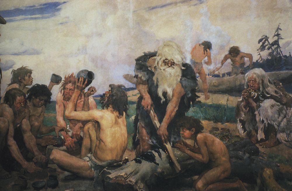 사람들이 함께 모여 있는 그림. 초점은 나무 그루터기에 홈을 파는 노인의 모습이고, 어린아이가 지켜보고 있다. 옆에는 여러 사람이 냄비를 들고 있다. 배경에는 더 많은 사람들이 나무 그루터기를 조각하고 있다.