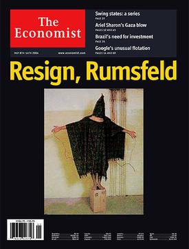 รัมส์เฟลด์บนหน้าปกนิตยสาร The Economist ซึ่งแสดงความต้องการให้เขายื่นใบลาออกเนื่องจากการละเมิด
