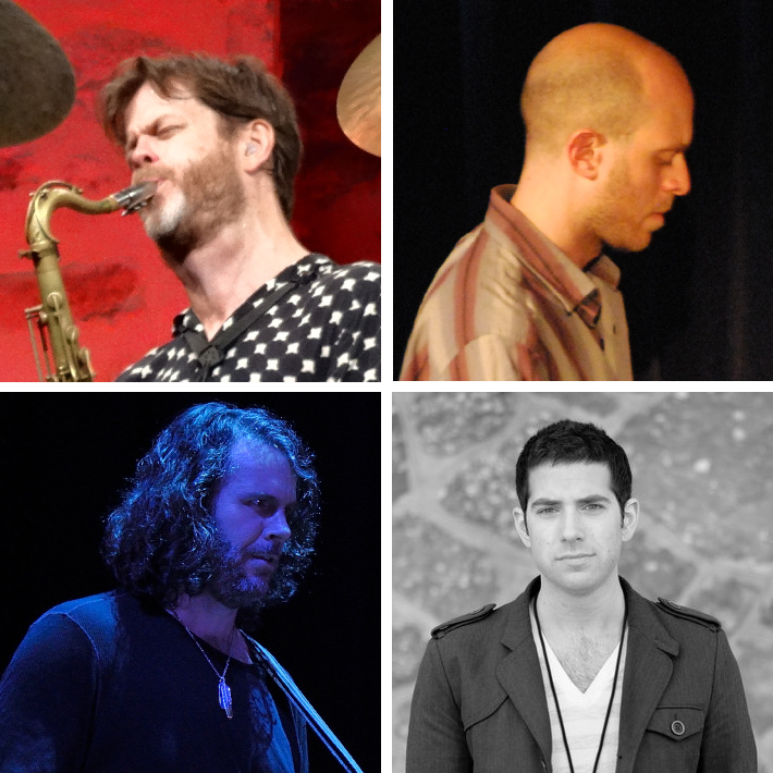 A collage of four photos of the musicians performing
