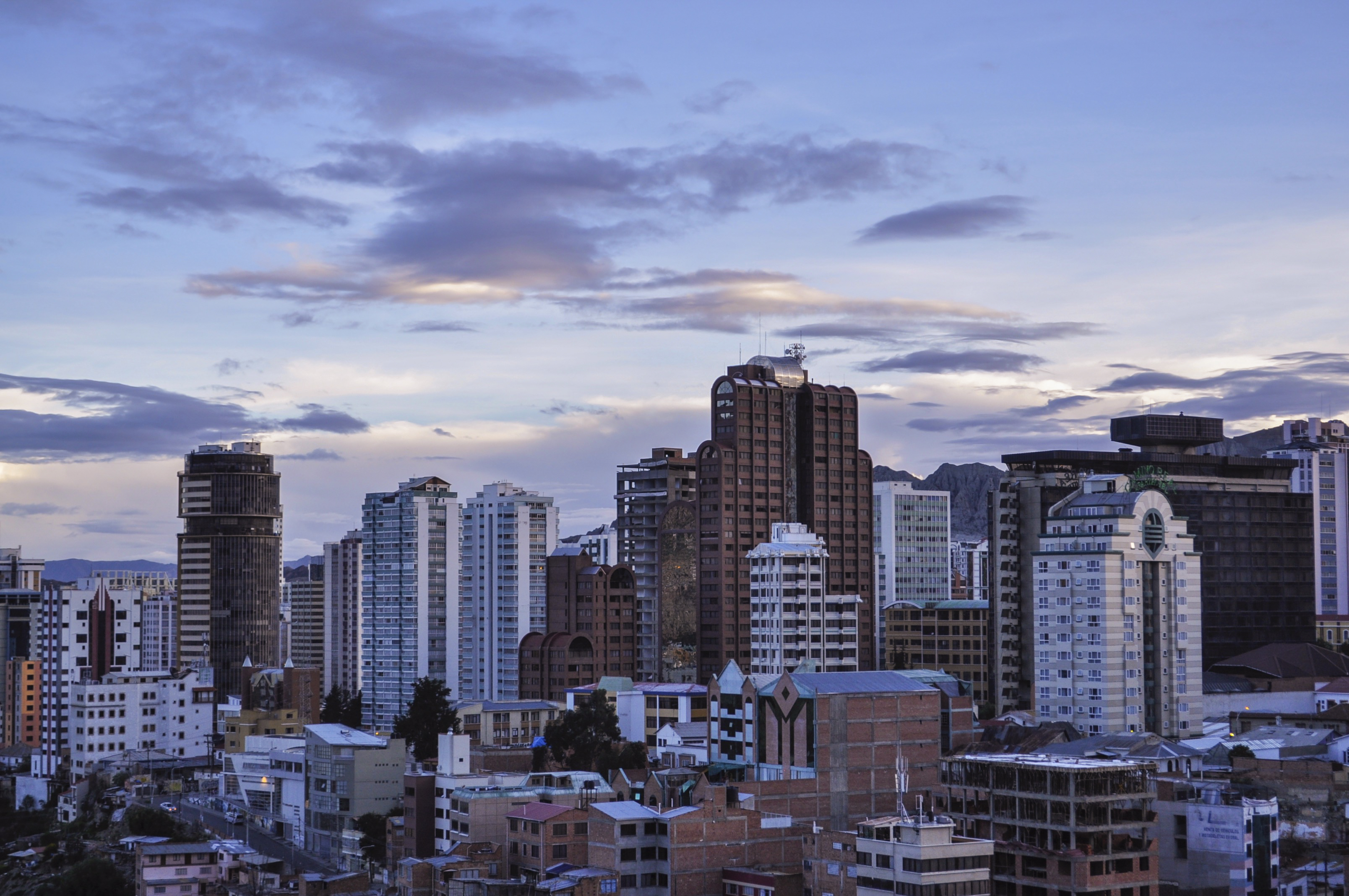 Downtown La Paz at dusk, the seat of Bolivia's government.