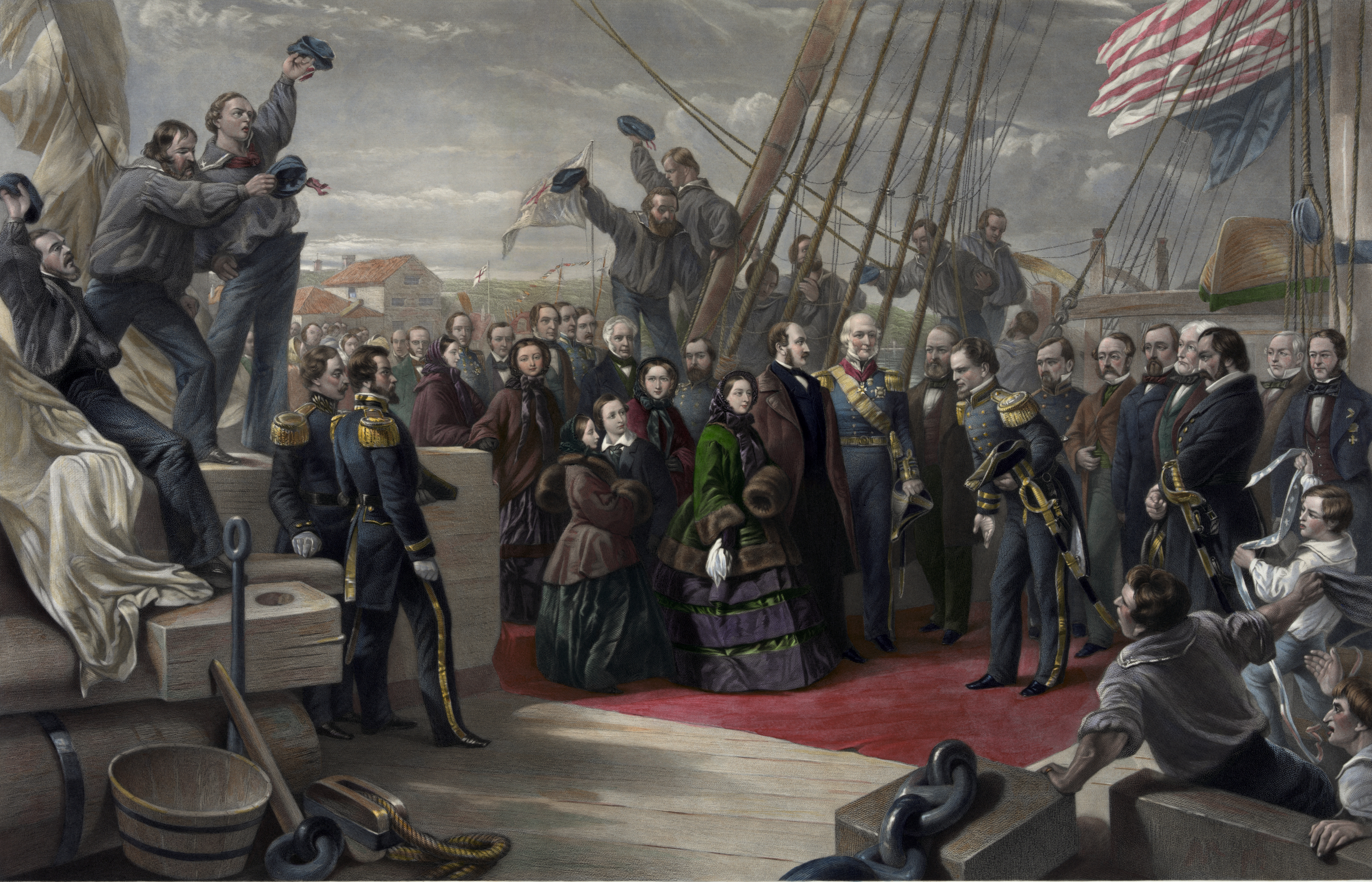 a colored engraving of Queen Victoria on the ''Resolute'' surrounded by sailors.