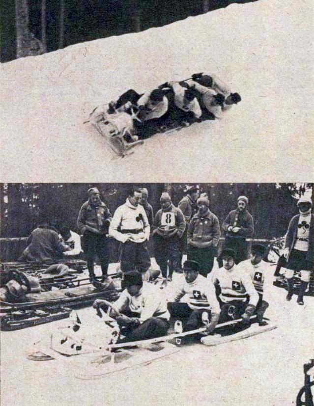 스위스 봅슬레이 팀 (레이신 출신), 1924년 샤모니 동계 올림픽 금메달리스트 (왼쪽부터 셰러, 뇌베, 그리고 슐레피 형제).