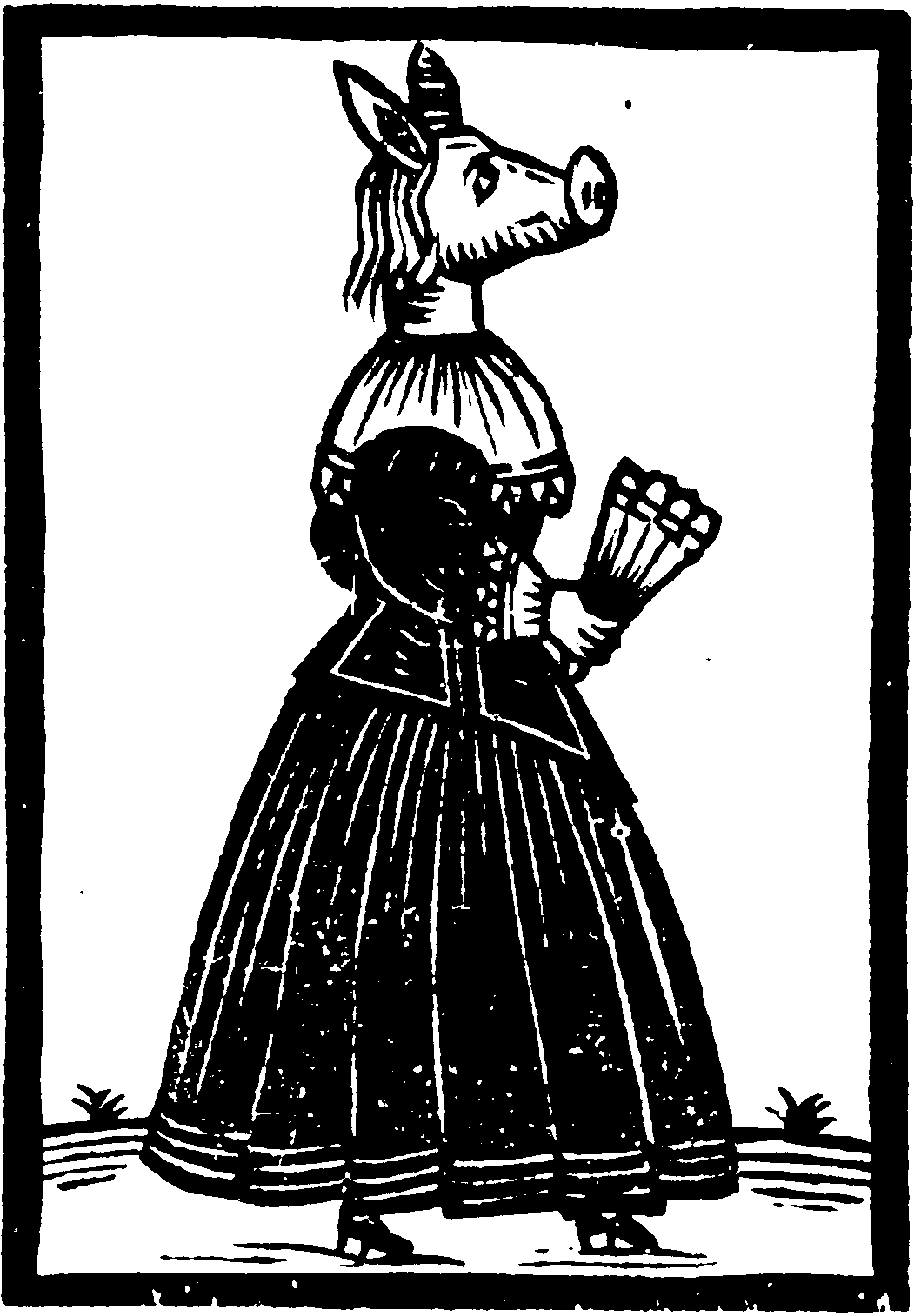 돼지 얼굴을 한 여자가 부채를 들고 있다.