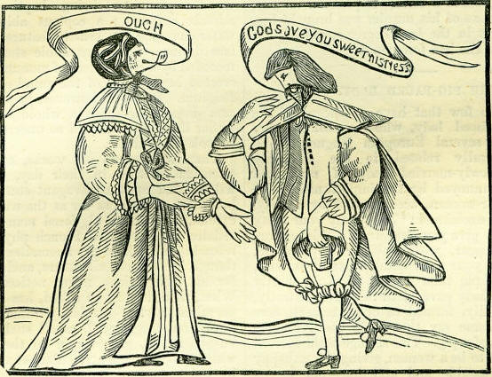 돼지 머리를 한 우아하게 옷을 입은 여자 앞에 남자가 엎드려 절한다. 남자는 