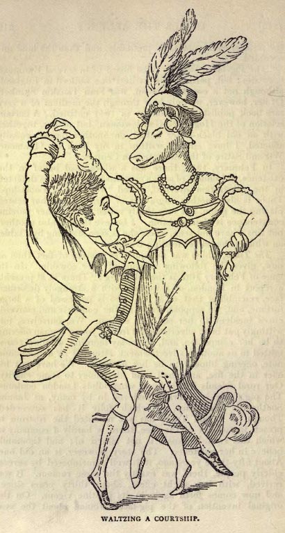 짧고 우아하게 옷을 입은 남자가 돼지 머리를 한 키가 훨씬 큰 여자와 춤을 춥니다.