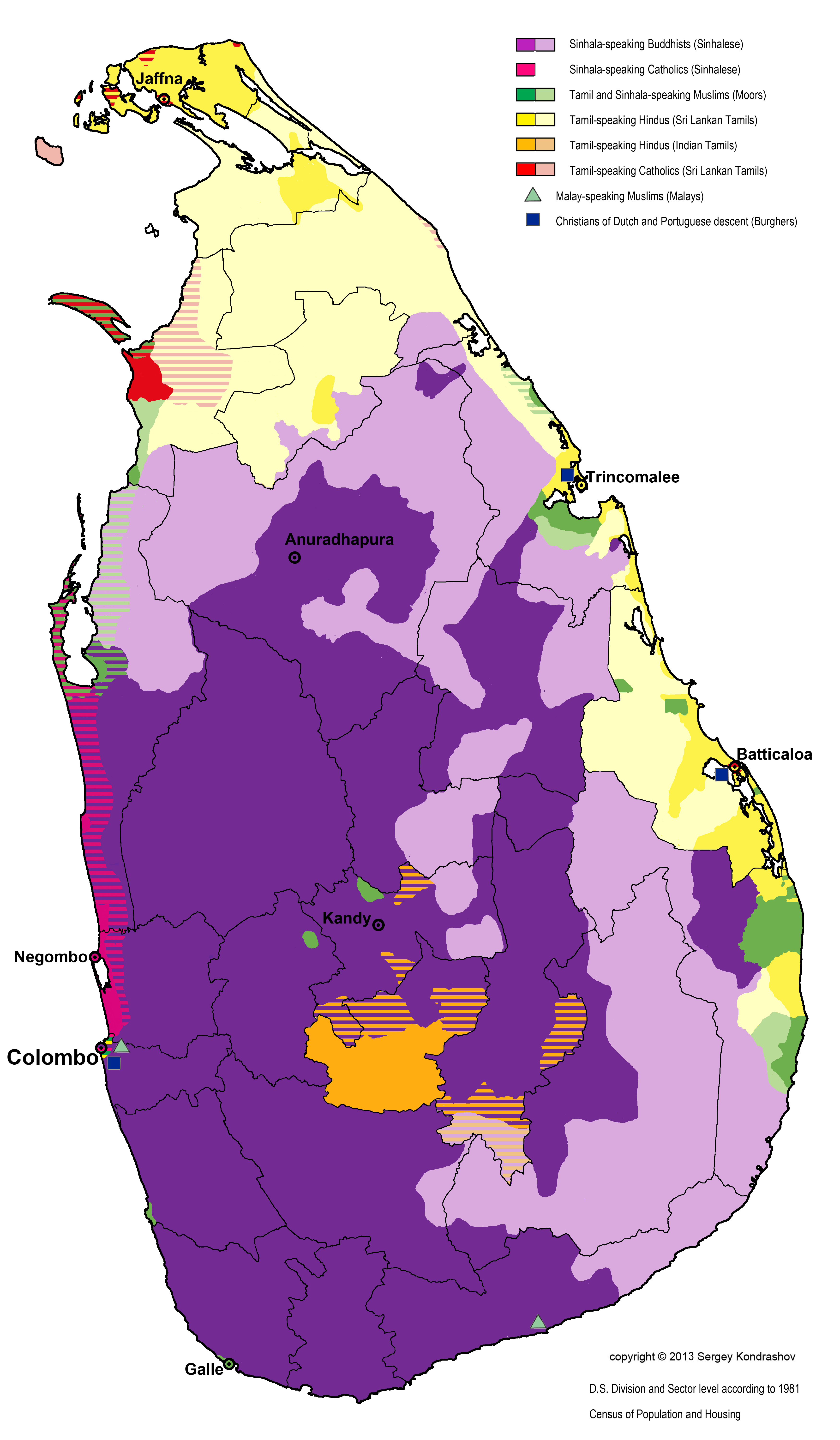 Peta distribusi Bahasa dan Kelompok Agama di Sri Lanka pada tahun 1981. Area ungu menandakan mayoritas Sinhala (Buddha), kuning untuk Tamil (Hindu), hijau untuk Moor (Islam), dan merah untuk Kristen (Sinhala/Tamil).