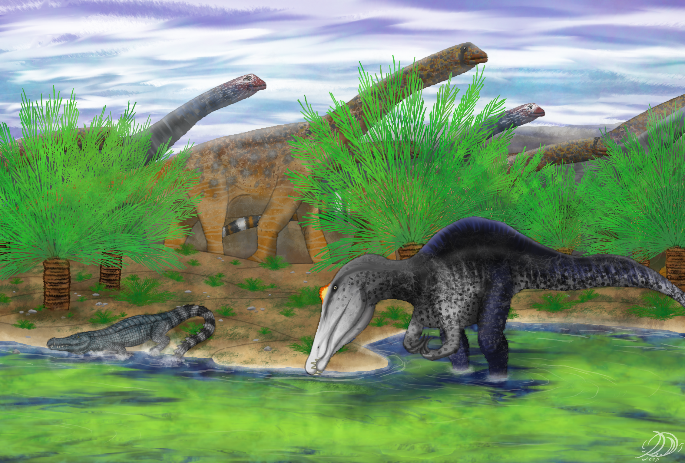 Restoration of Siamosaurus to the right wading in shallow water, with a herd of large sauropod dinosaurs in the background and a small crocodyliform in the middle left 