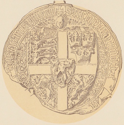 1398년 포메라니아의 에리크의 왕실 인장: (중앙) 왕관을 쓰고 도끼를 든 사자 (노르웨이 상징), 그 위에 십자가가 그려진 방패; 사분할된 방패의 오른쪽 상단에는 왕관을 쓰고 하트 문양 위에 다네브로 깃발을 든 세 마리의 사자 (덴마크 상징); 왼쪽 상단에는 세 개의 왕관 (스웨덴 또는 칼마르 동맹 상징); 오른쪽 하단에는 사자 (폴쿵 사자, 스웨덴 상징); 왼쪽 하단에는 왼쪽으로 향하는 그리핀 (포메라니아 상징).