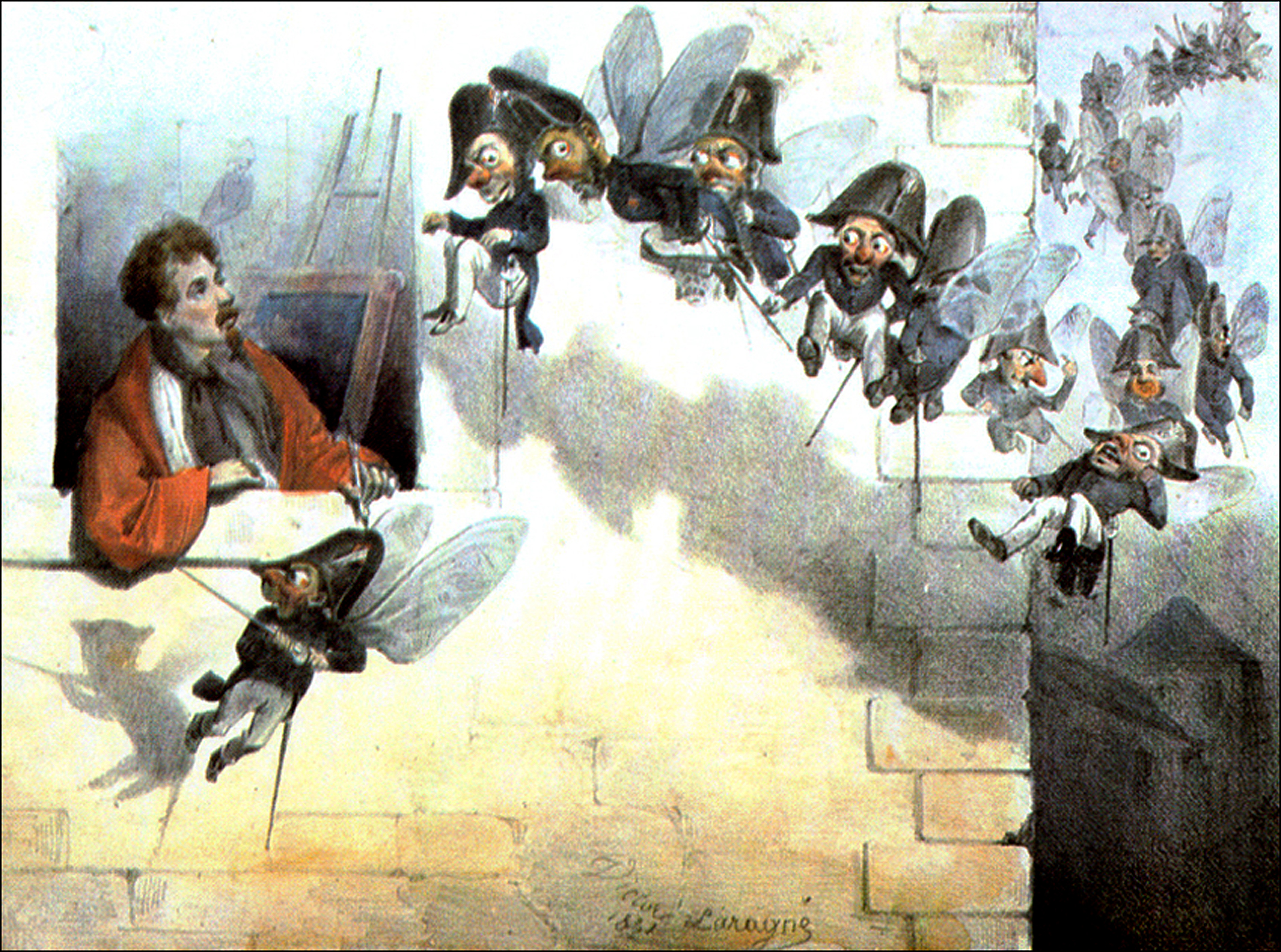 그랑빌, 『아! 이 지긋지긋한 파리들!!』(Oh!! Les vilaines mouches!!프랑스어, 1835년경): 자신의 만화와 관련하여 경찰의 위협에 대한 반응으로 제작된 자화상.
