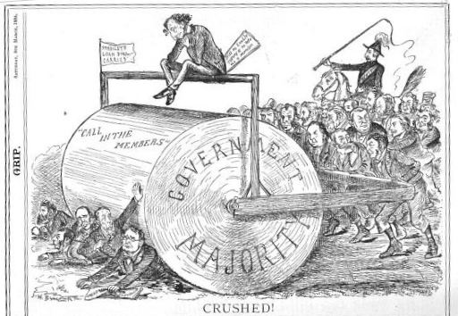A drawing of a steamroller running over a group of men while a larger group of men are pushing it. Macdonald is sitting on top of the machine. The steamroller has the phrase, 
