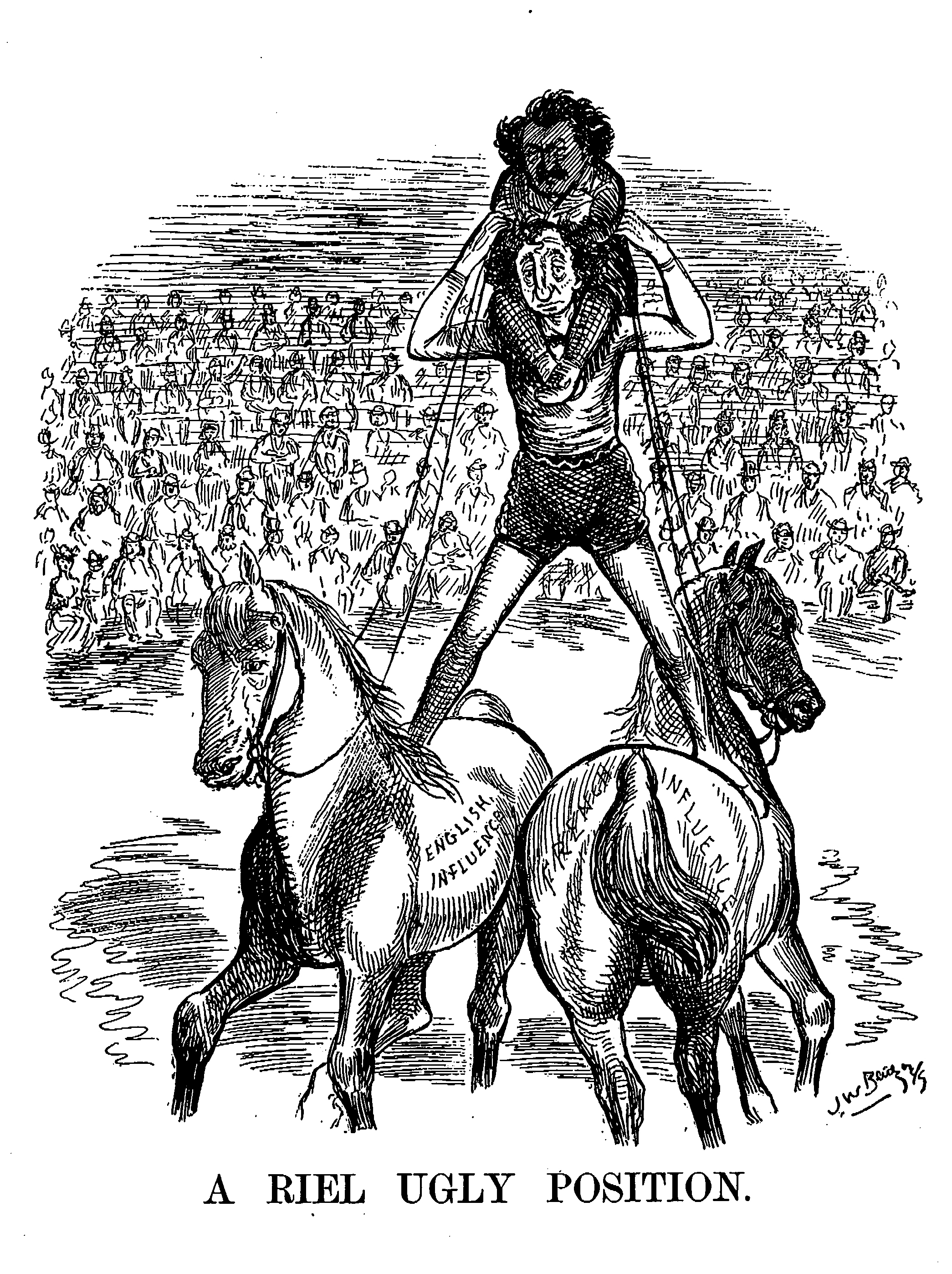 A drawing of Macdonald standing on two horses facing opposite directions. Louis Riel is sitting on his shoulders. The caption says, 