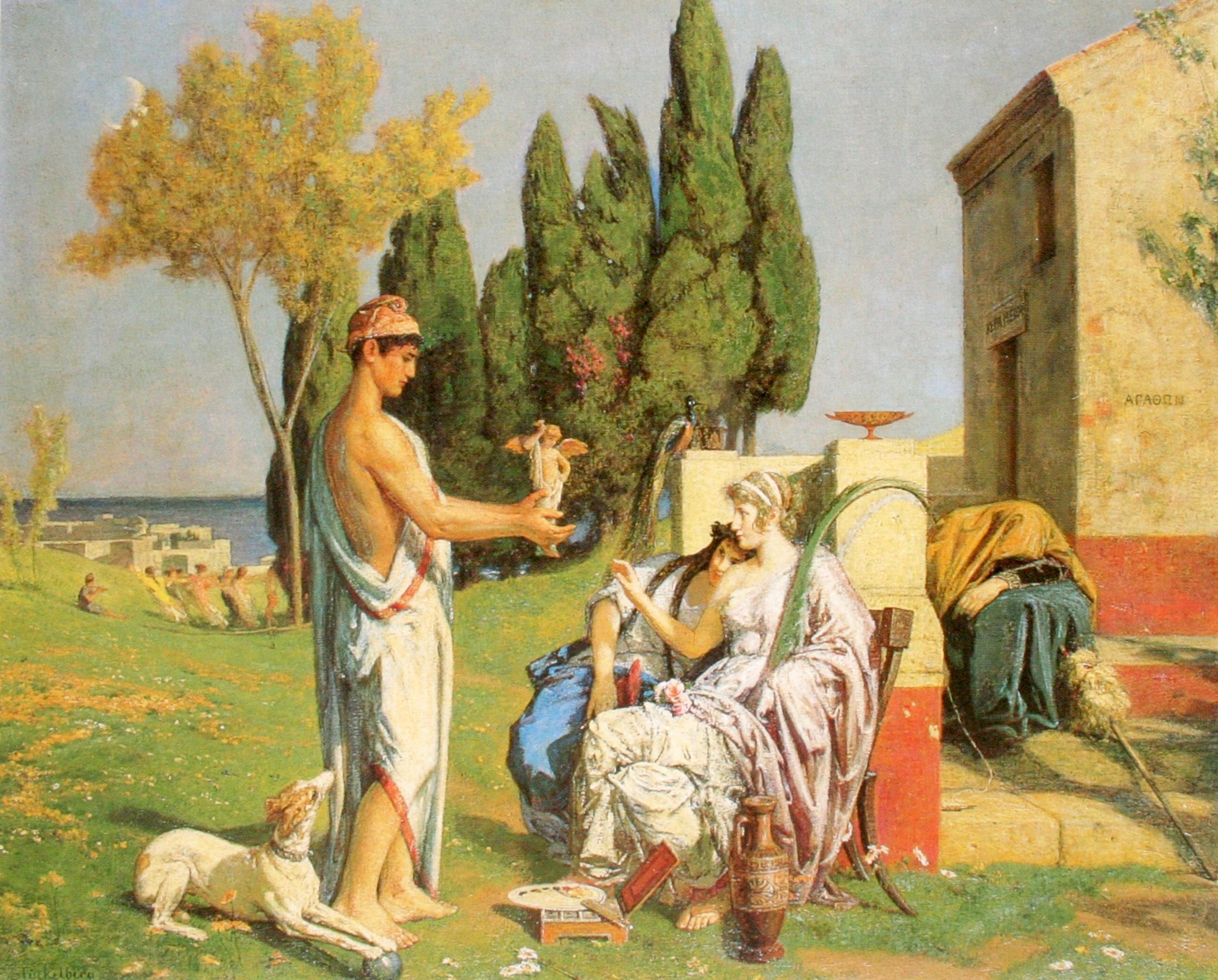 두 여인이 앉아 날개 달린 소년 조각상을 들고 있는 남자를 바라보는 그림