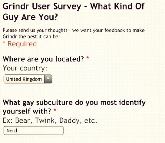 Grindr survey asking users what subculture they identify with