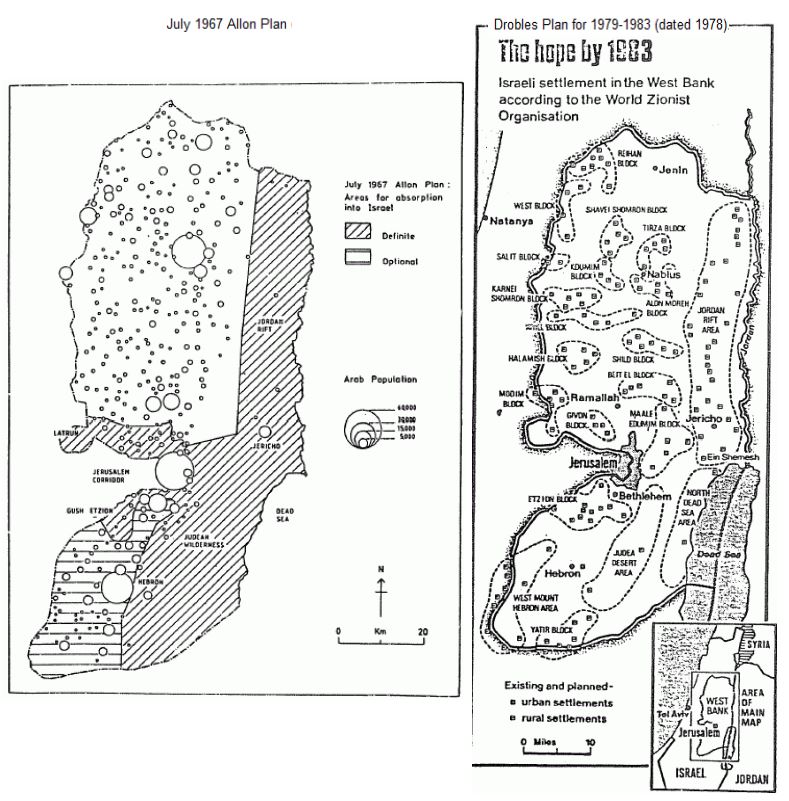 Side by side images of two Israeli government plans for the West Bank: the 1967 Allon Plan and 1978 Drobles Plan