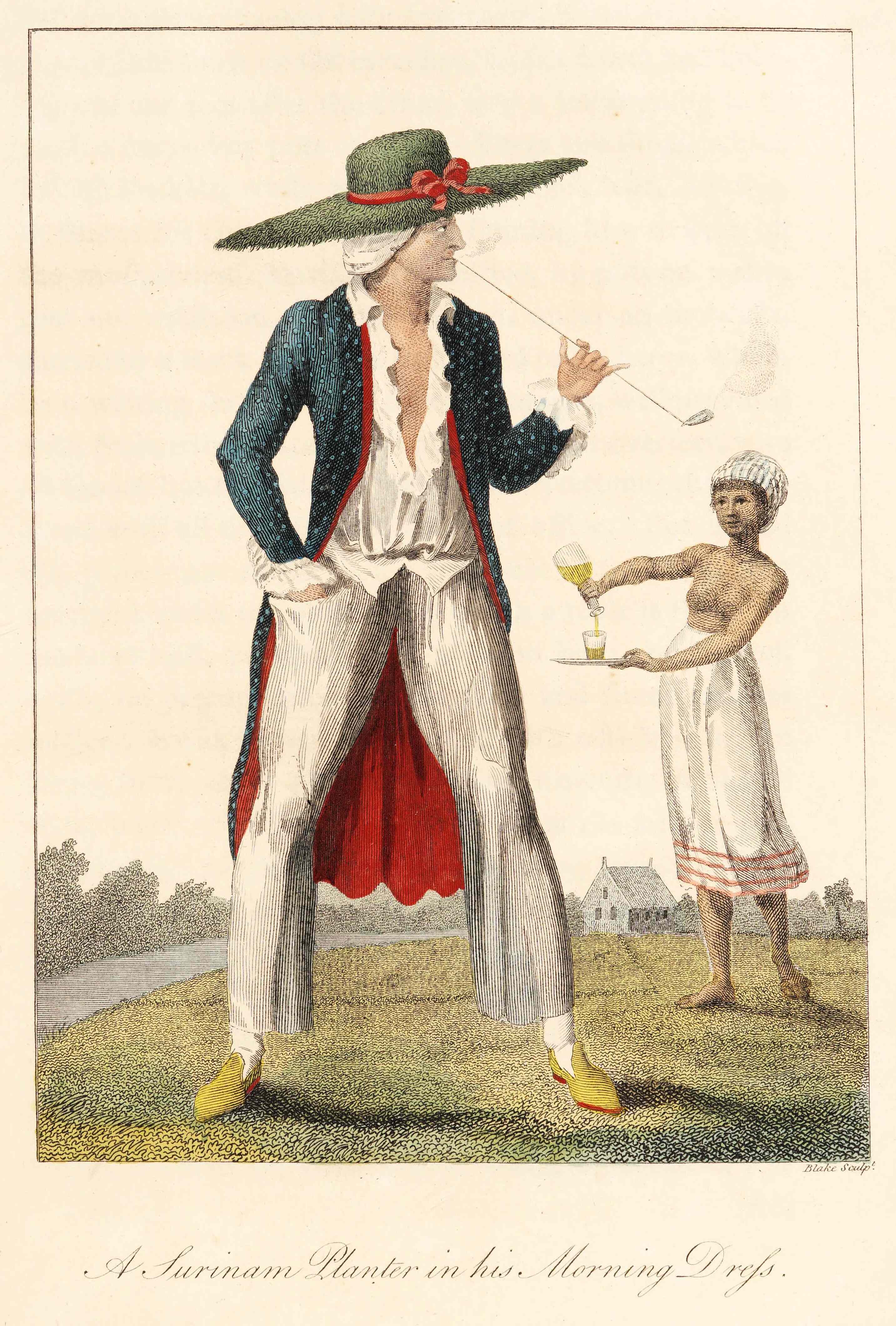 A Dutch plantation owner with an enslaved woman, an illustration by William Blake based on John Gabriel Stedman's work, published 1792-1794, highlighting the brutal realities of the slave system.