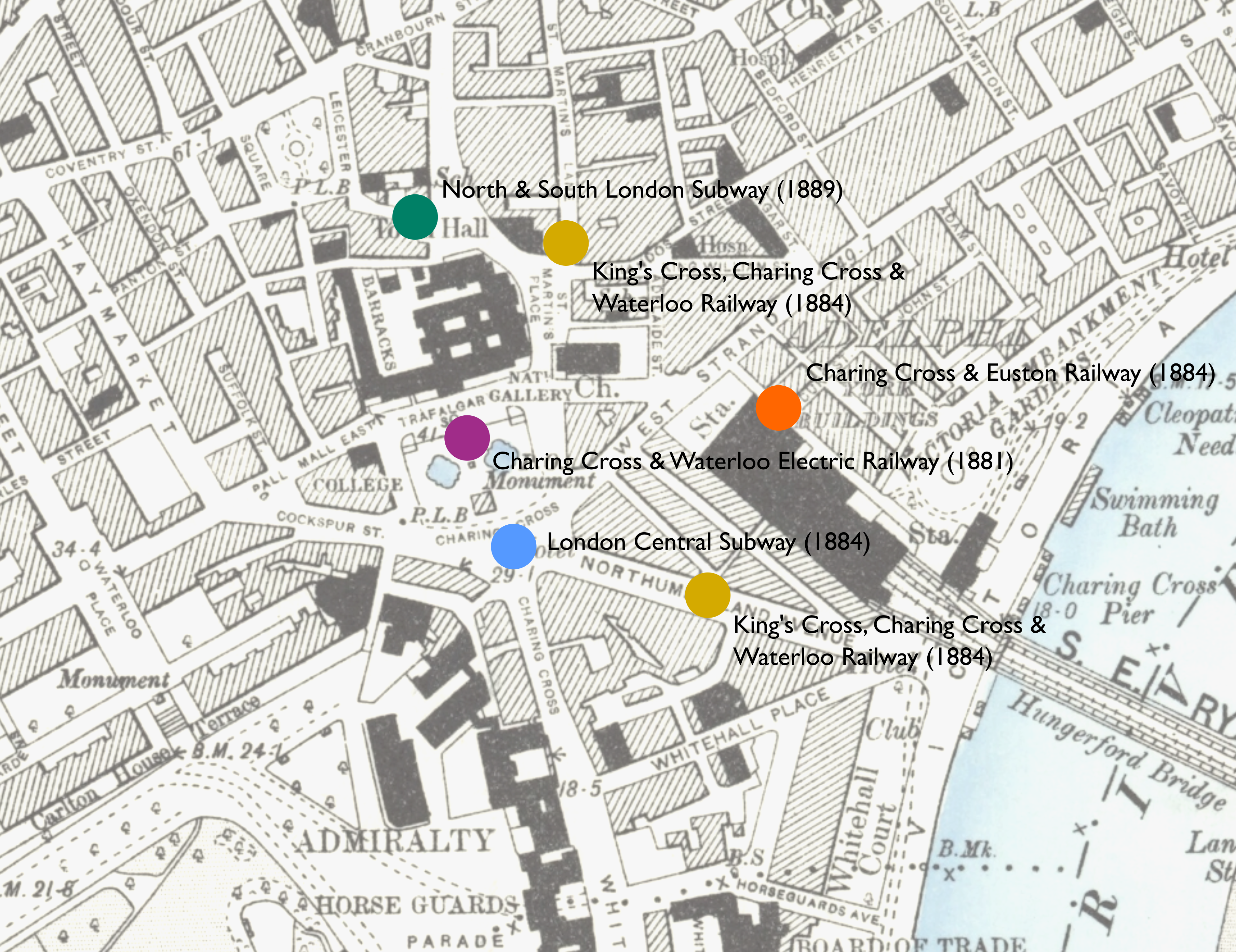 제안된 역 위치를 색깔 점으로 표시한 지도
