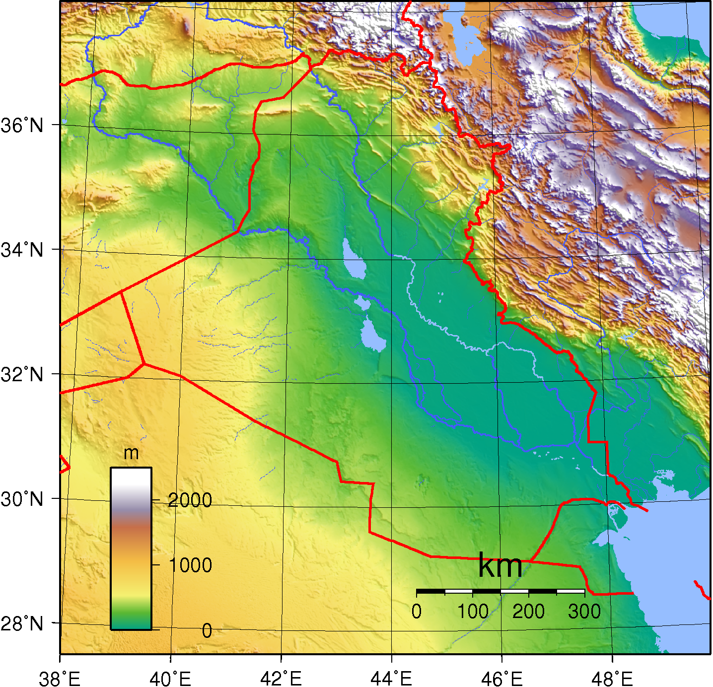 イラクの地形の標高分布。イラン国境のザグロス山脈南方にティグリス川とユーフラテス川が形成した広大な低地が広がっている。