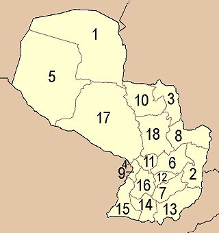 Map of Paraguayan departments. The border between Presidente Hayes (17), Concepción (10), and San Pedro (18) is the Paraguay River.