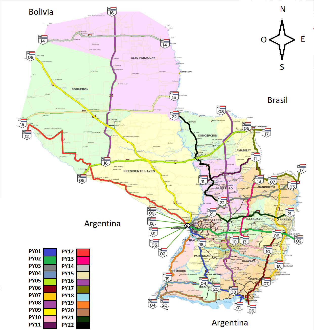 Map of national roads of Paraguay, 2019