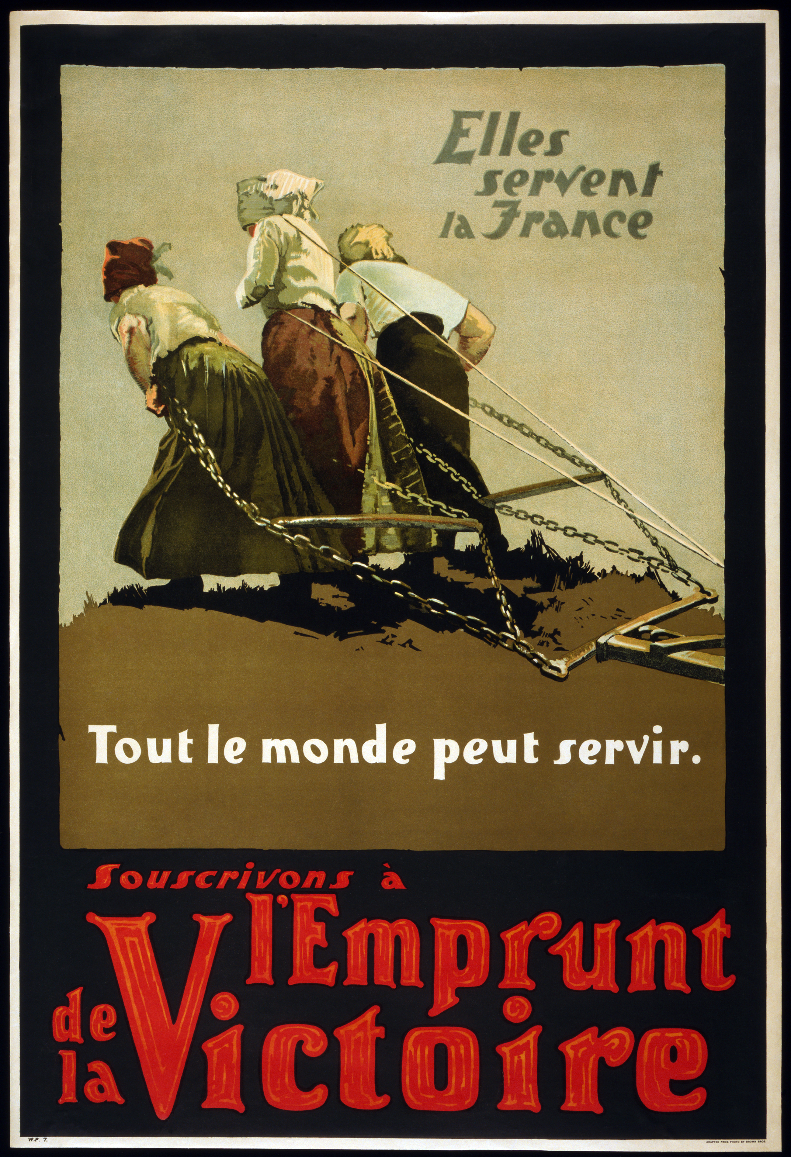 1918 Canadian War bond poster (French version) depicting three French women pulling a plow. Text roughly translates as 