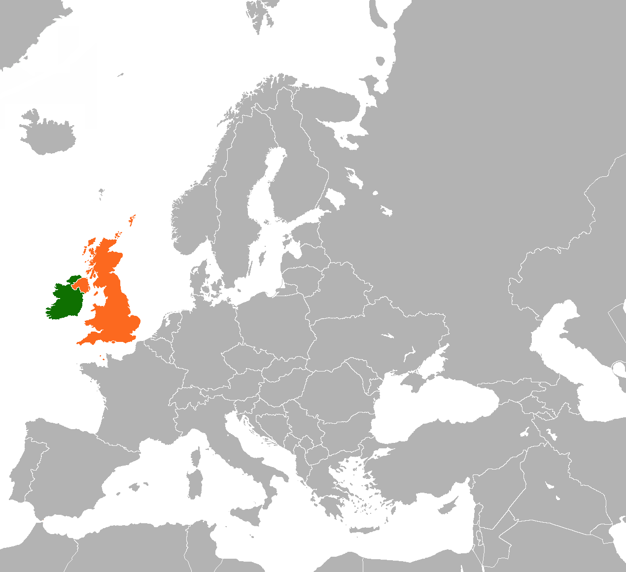 Ireland moden (hijau) dan United Kingdom (oren).