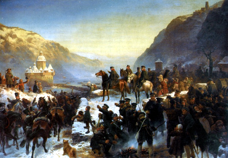 Pasukan Prusia melintasi Sungai Rhine (lukisan oleh Wilhelm Camphausen).