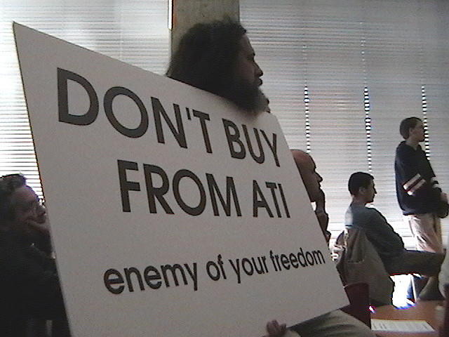 Stallman protesting ATI Technologies in 2012.