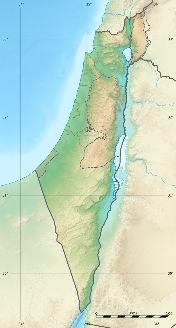 Peta relief Israel menunjukkan fitur-fitur utama. Dataran pantai berada di barat, pegunungan tengah (termasuk Yudea dan Samaria) membentang dari utara ke selatan, Lembah Yordan dan Laut Mati di timur, Gurun Negev di selatan, dan Galilea di utara.